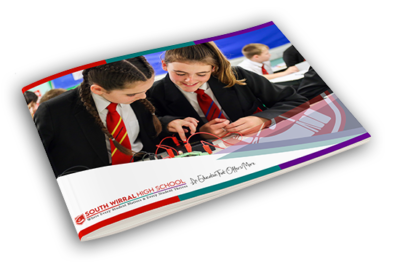 a copy of the South Wirral high school prospectus the image has two students in a classroom.